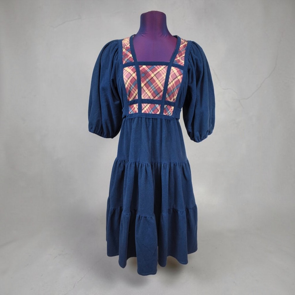 70s Navy Corduroy Tiered Midi Dress Plaid Inset Puff Sleeve Cottagecore Vintage